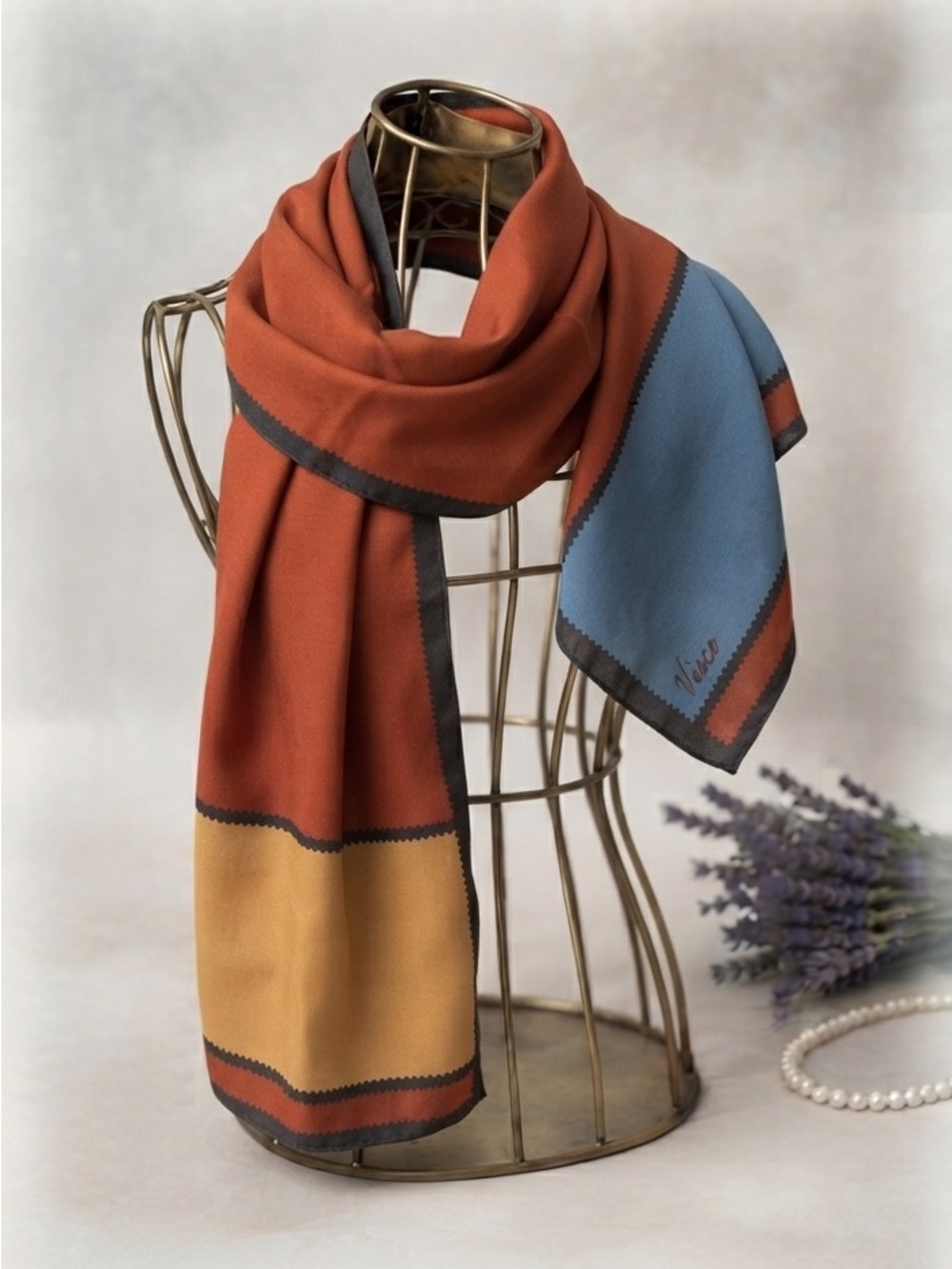 Vera Neumann Vintage Colorblock Scarf Terracotta Sand Blue